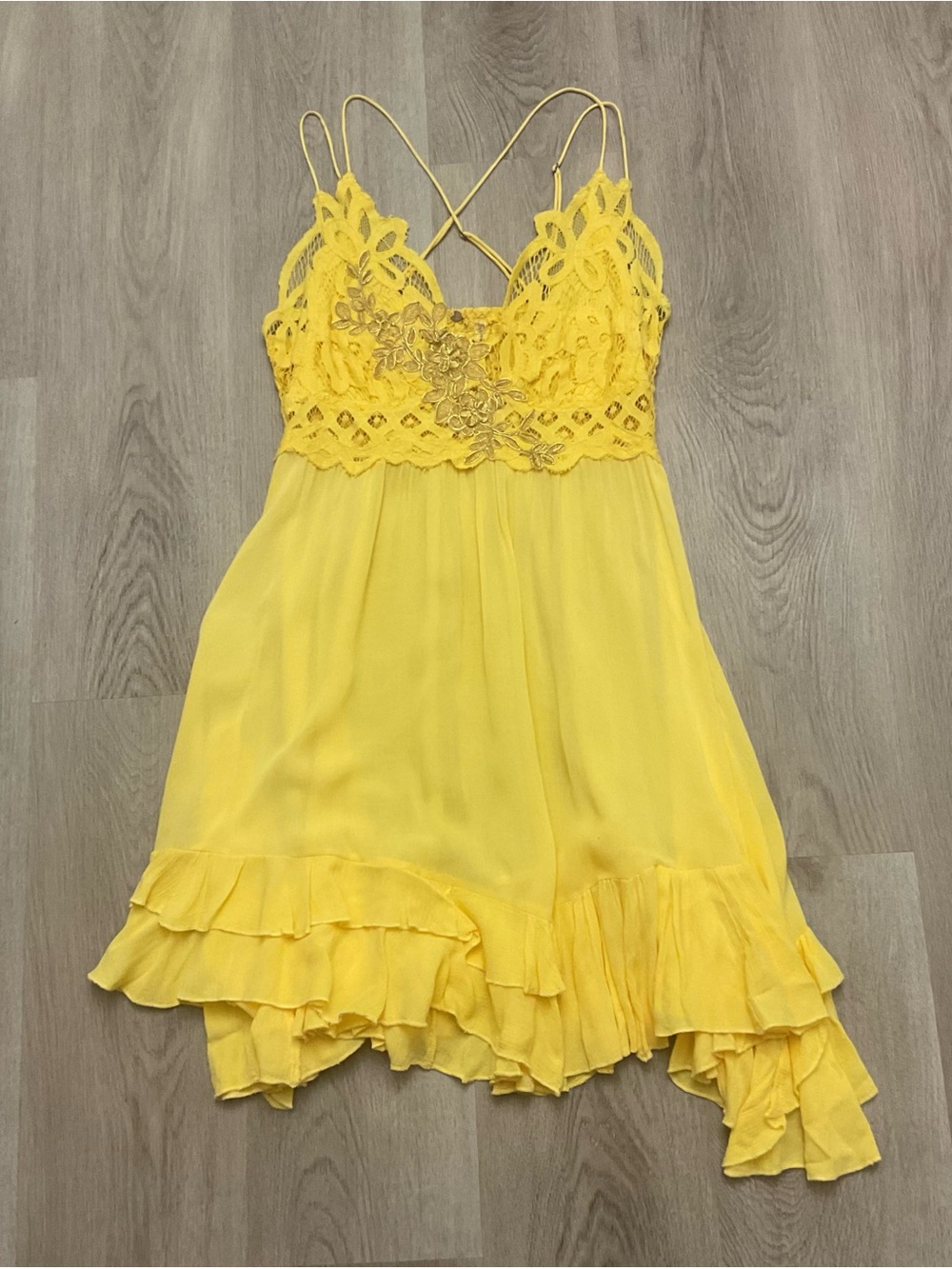 Free People One Adella Yellow Lace-Trim Mini Dress Size Large